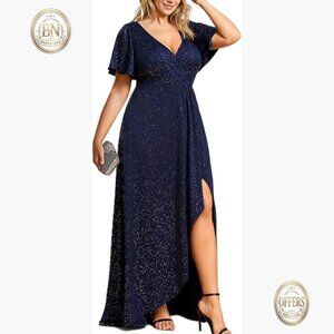 Glitter Fabric Plus Size Formal Dress V-Neck Short Sleeve High Low Evening Gown